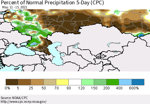 Russian Federation Percent of Normal Precipitation 5-Day (CPC) Thematic Map For 5/11/2021 - 5/15/2021