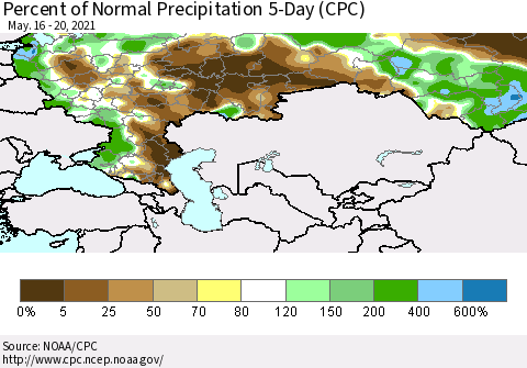Russian Federation Percent of Normal Precipitation 5-Day (CPC) Thematic Map For 5/16/2021 - 5/20/2021
