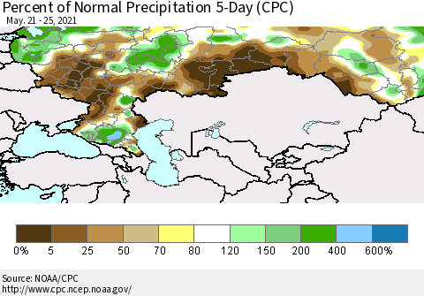 Russian Federation Percent of Normal Precipitation 5-Day (CPC) Thematic Map For 5/21/2021 - 5/25/2021