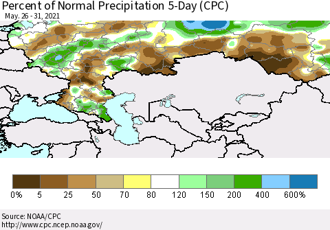 Russian Federation Percent of Normal Precipitation 5-Day (CPC) Thematic Map For 5/26/2021 - 5/31/2021