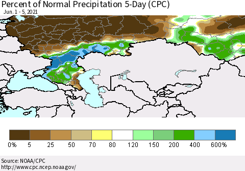 Russian Federation Percent of Normal Precipitation 5-Day (CPC) Thematic Map For 6/1/2021 - 6/5/2021