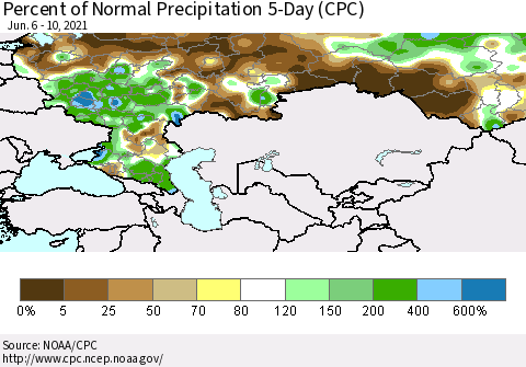 Russian Federation Percent of Normal Precipitation 5-Day (CPC) Thematic Map For 6/6/2021 - 6/10/2021