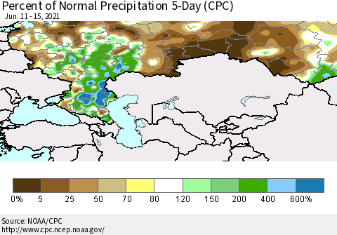 Russian Federation Percent of Normal Precipitation 5-Day (CPC) Thematic Map For 6/11/2021 - 6/15/2021