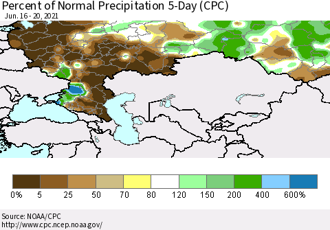 Russian Federation Percent of Normal Precipitation 5-Day (CPC) Thematic Map For 6/16/2021 - 6/20/2021