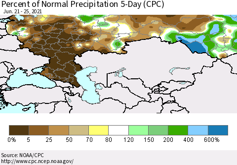 Russian Federation Percent of Normal Precipitation 5-Day (CPC) Thematic Map For 6/21/2021 - 6/25/2021
