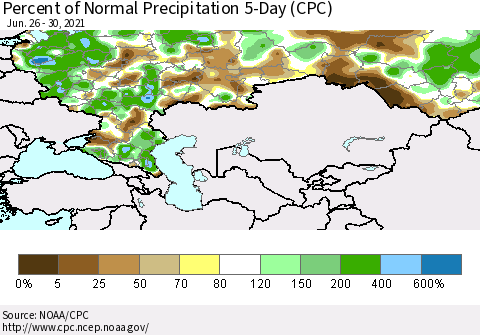 Russian Federation Percent of Normal Precipitation 5-Day (CPC) Thematic Map For 6/26/2021 - 6/30/2021