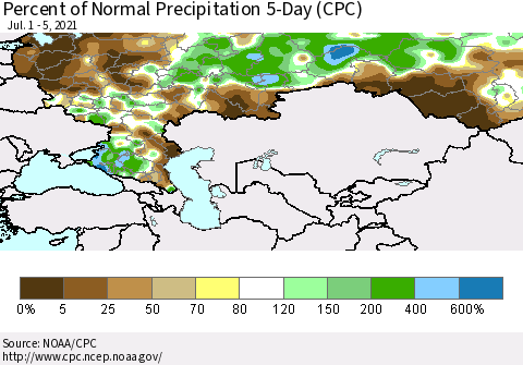 Russian Federation Percent of Normal Precipitation 5-Day (CPC) Thematic Map For 7/1/2021 - 7/5/2021