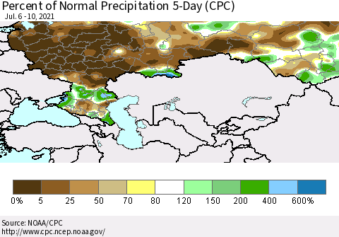 Russian Federation Percent of Normal Precipitation 5-Day (CPC) Thematic Map For 7/6/2021 - 7/10/2021