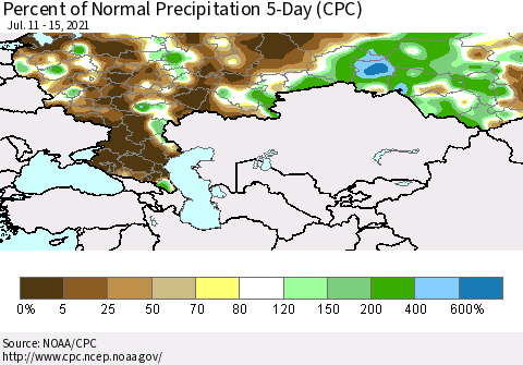 Russian Federation Percent of Normal Precipitation 5-Day (CPC) Thematic Map For 7/11/2021 - 7/15/2021