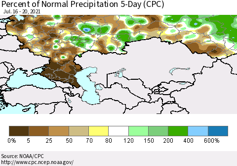 Russian Federation Percent of Normal Precipitation 5-Day (CPC) Thematic Map For 7/16/2021 - 7/20/2021