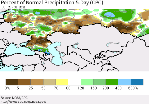 Russian Federation Percent of Normal Precipitation 5-Day (CPC) Thematic Map For 7/26/2021 - 7/31/2021