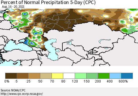 Russian Federation Percent of Normal Precipitation 5-Day (CPC) Thematic Map For 8/16/2021 - 8/20/2021
