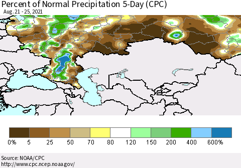 Russian Federation Percent of Normal Precipitation 5-Day (CPC) Thematic Map For 8/21/2021 - 8/25/2021