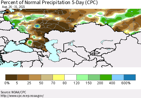 Russian Federation Percent of Normal Precipitation 5-Day (CPC) Thematic Map For 8/26/2021 - 8/31/2021