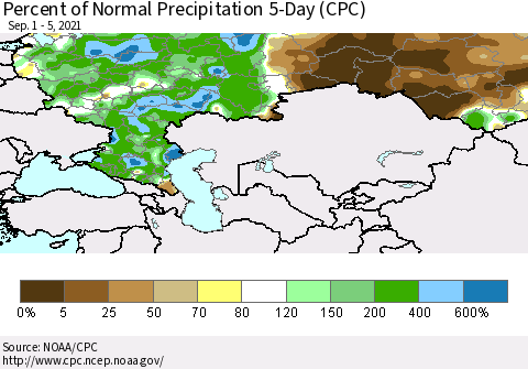 Russian Federation Percent of Normal Precipitation 5-Day (CPC) Thematic Map For 9/1/2021 - 9/5/2021