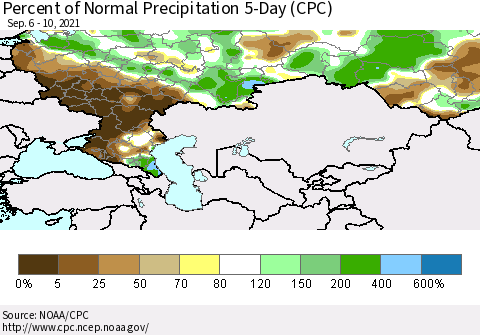 Russian Federation Percent of Normal Precipitation 5-Day (CPC) Thematic Map For 9/6/2021 - 9/10/2021