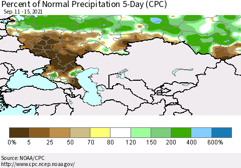 Russian Federation Percent of Normal Precipitation 5-Day (CPC) Thematic Map For 9/11/2021 - 9/15/2021