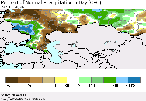 Russian Federation Percent of Normal Precipitation 5-Day (CPC) Thematic Map For 9/16/2021 - 9/20/2021