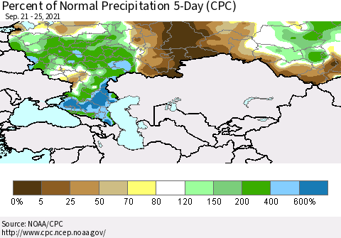 Russian Federation Percent of Normal Precipitation 5-Day (CPC) Thematic Map For 9/21/2021 - 9/25/2021