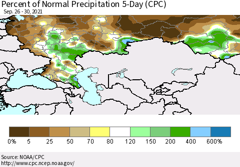 Russian Federation Percent of Normal Precipitation 5-Day (CPC) Thematic Map For 9/26/2021 - 9/30/2021