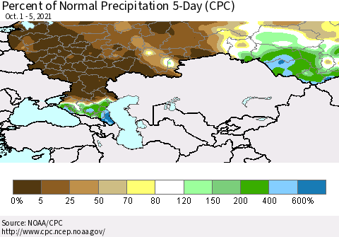 Russian Federation Percent of Normal Precipitation 5-Day (CPC) Thematic Map For 10/1/2021 - 10/5/2021