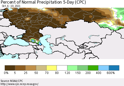 Russian Federation Percent of Normal Precipitation 5-Day (CPC) Thematic Map For 10/6/2021 - 10/10/2021