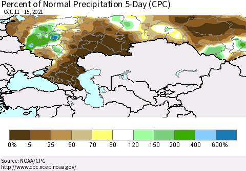 Russian Federation Percent of Normal Precipitation 5-Day (CPC) Thematic Map For 10/11/2021 - 10/15/2021