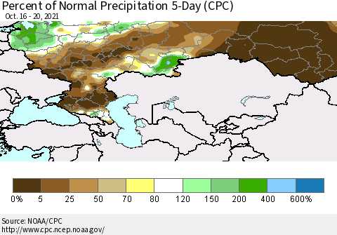Russian Federation Percent of Normal Precipitation 5-Day (CPC) Thematic Map For 10/16/2021 - 10/20/2021