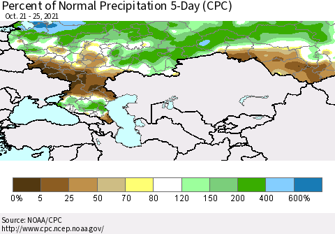 Russian Federation Percent of Normal Precipitation 5-Day (CPC) Thematic Map For 10/21/2021 - 10/25/2021