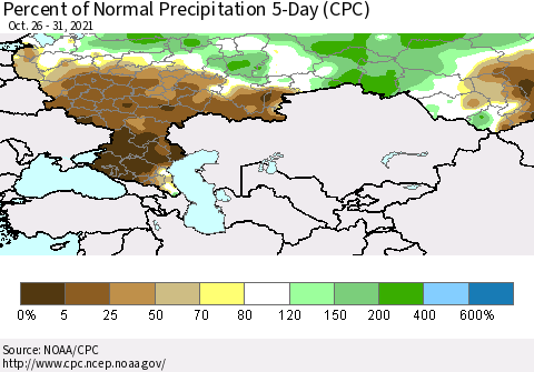 Russian Federation Percent of Normal Precipitation 5-Day (CPC) Thematic Map For 10/26/2021 - 10/31/2021