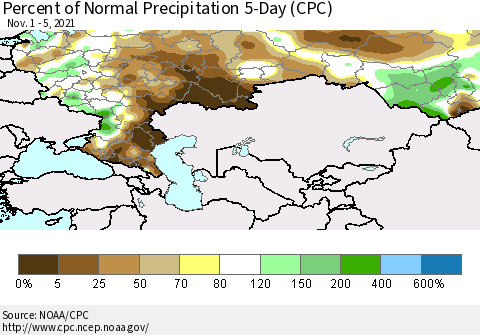 Russian Federation Percent of Normal Precipitation 5-Day (CPC) Thematic Map For 11/1/2021 - 11/5/2021