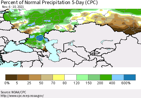 Russian Federation Percent of Normal Precipitation 5-Day (CPC) Thematic Map For 11/6/2021 - 11/10/2021
