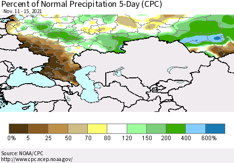 Russian Federation Percent of Normal Precipitation 5-Day (CPC) Thematic Map For 11/11/2021 - 11/15/2021
