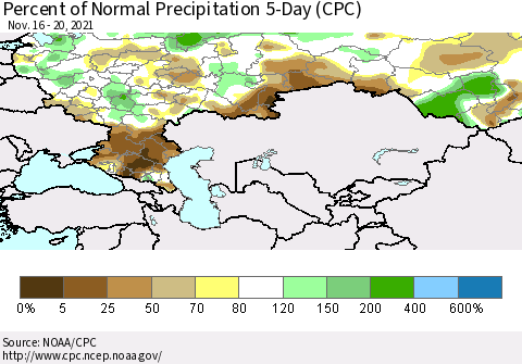 Russian Federation Percent of Normal Precipitation 5-Day (CPC) Thematic Map For 11/16/2021 - 11/20/2021