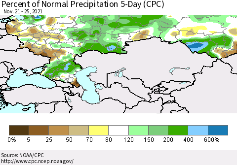 Russian Federation Percent of Normal Precipitation 5-Day (CPC) Thematic Map For 11/21/2021 - 11/25/2021