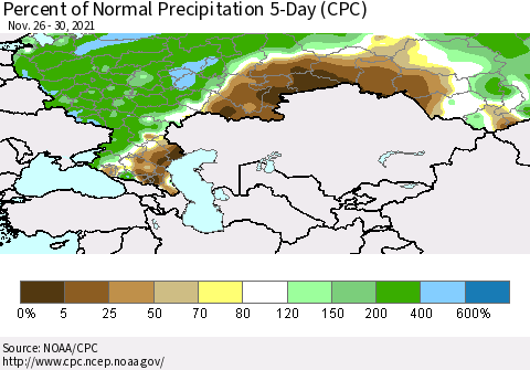 Russian Federation Percent of Normal Precipitation 5-Day (CPC) Thematic Map For 11/26/2021 - 11/30/2021