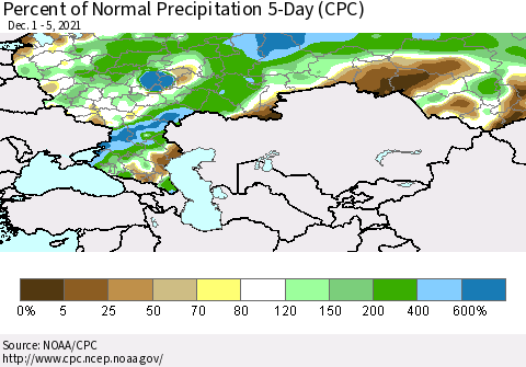 Russian Federation Percent of Normal Precipitation 5-Day (CPC) Thematic Map For 12/1/2021 - 12/5/2021