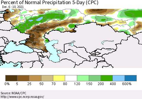 Russian Federation Percent of Normal Precipitation 5-Day (CPC) Thematic Map For 12/6/2021 - 12/10/2021