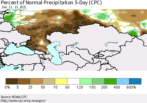 Russian Federation Percent of Normal Precipitation 5-Day (CPC) Thematic Map For 12/11/2021 - 12/15/2021