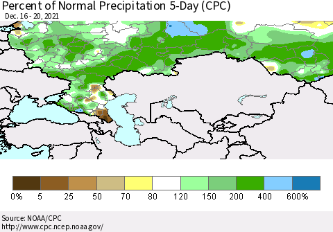 Russian Federation Percent of Normal Precipitation 5-Day (CPC) Thematic Map For 12/16/2021 - 12/20/2021