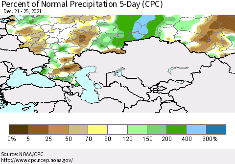 Russian Federation Percent of Normal Precipitation 5-Day (CPC) Thematic Map For 12/21/2021 - 12/25/2021