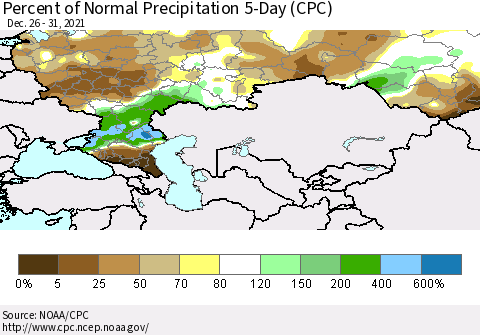 Russian Federation Percent of Normal Precipitation 5-Day (CPC) Thematic Map For 12/26/2021 - 12/31/2021