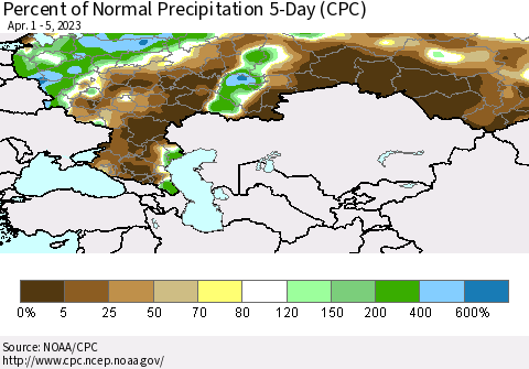 Russian Federation Percent of Normal Precipitation 5-Day (CPC) Thematic Map For 4/1/2023 - 4/5/2023