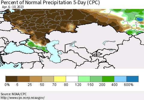 Russian Federation Percent of Normal Precipitation 5-Day (CPC) Thematic Map For 4/6/2023 - 4/10/2023