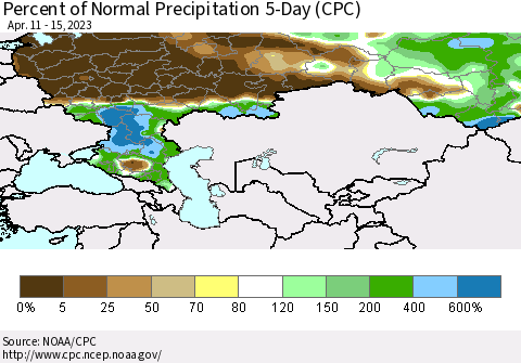 Russian Federation Percent of Normal Precipitation 5-Day (CPC) Thematic Map For 4/11/2023 - 4/15/2023