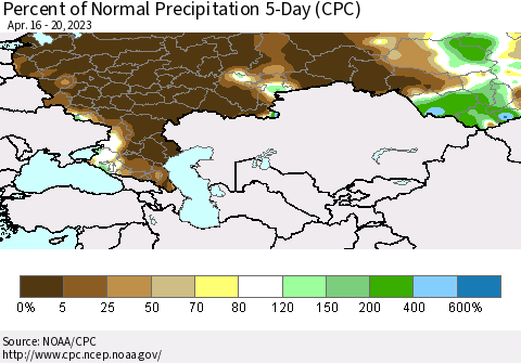 Russian Federation Percent of Normal Precipitation 5-Day (CPC) Thematic Map For 4/16/2023 - 4/20/2023