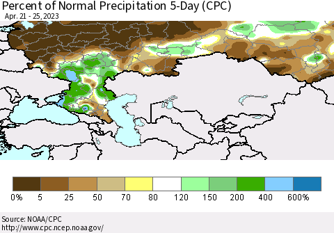 Russian Federation Percent of Normal Precipitation 5-Day (CPC) Thematic Map For 4/21/2023 - 4/25/2023