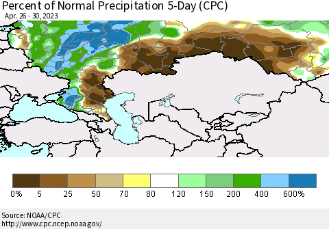 Russian Federation Percent of Normal Precipitation 5-Day (CPC) Thematic Map For 4/26/2023 - 4/30/2023