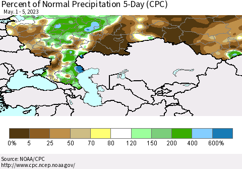 Russian Federation Percent of Normal Precipitation 5-Day (CPC) Thematic Map For 5/1/2023 - 5/5/2023