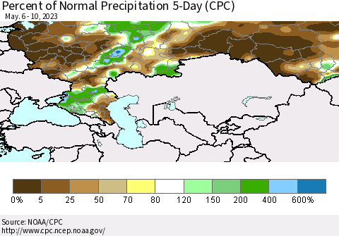 Russian Federation Percent of Normal Precipitation 5-Day (CPC) Thematic Map For 5/6/2023 - 5/10/2023